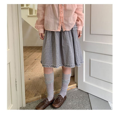 High Waist Plaid Ruffle Trim A-Line Skirt