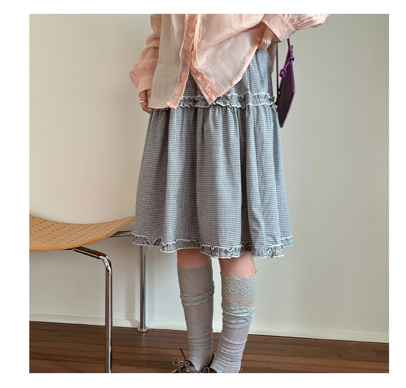 High Waist Plaid Ruffle Trim A-Line Skirt