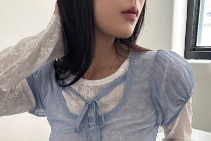 Short Sleeve Scoop Neck Polka Dot Sheer Blouse