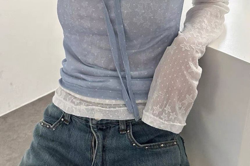 Short Sleeve Scoop Neck Polka Dot Sheer Blouse
