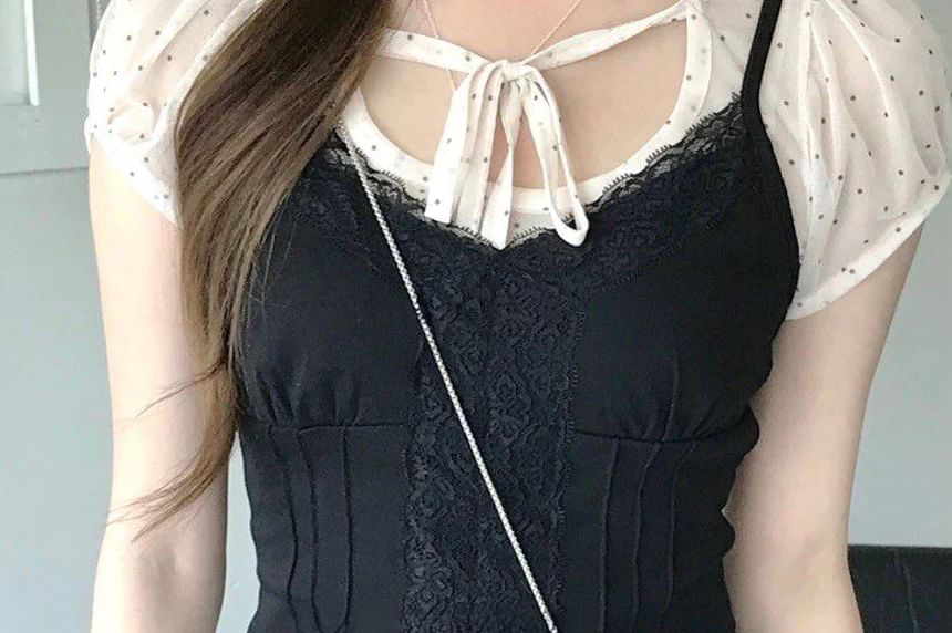 Short Sleeve Scoop Neck Polka Dot Sheer Blouse