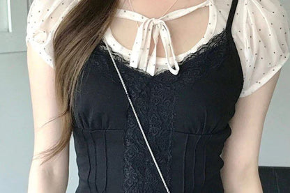 Short Sleeve Scoop Neck Polka Dot Sheer Blouse