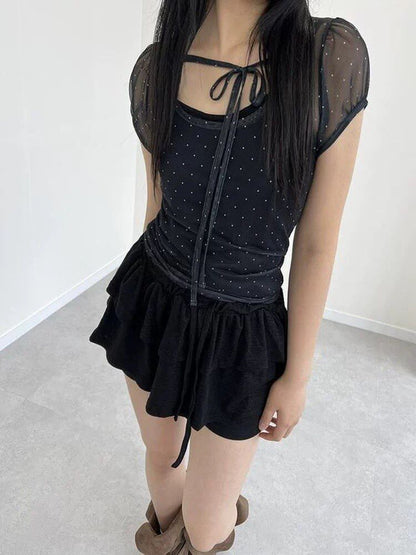 Short Sleeve Scoop Neck Polka Dot Sheer Blouse