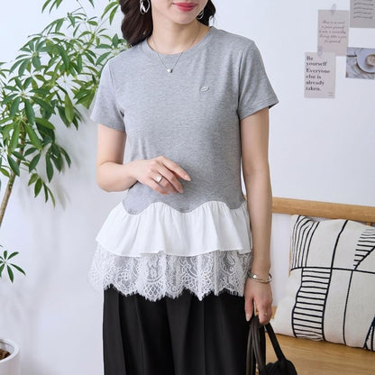 Short Sleeve Crew Neck Lace Panel Tee