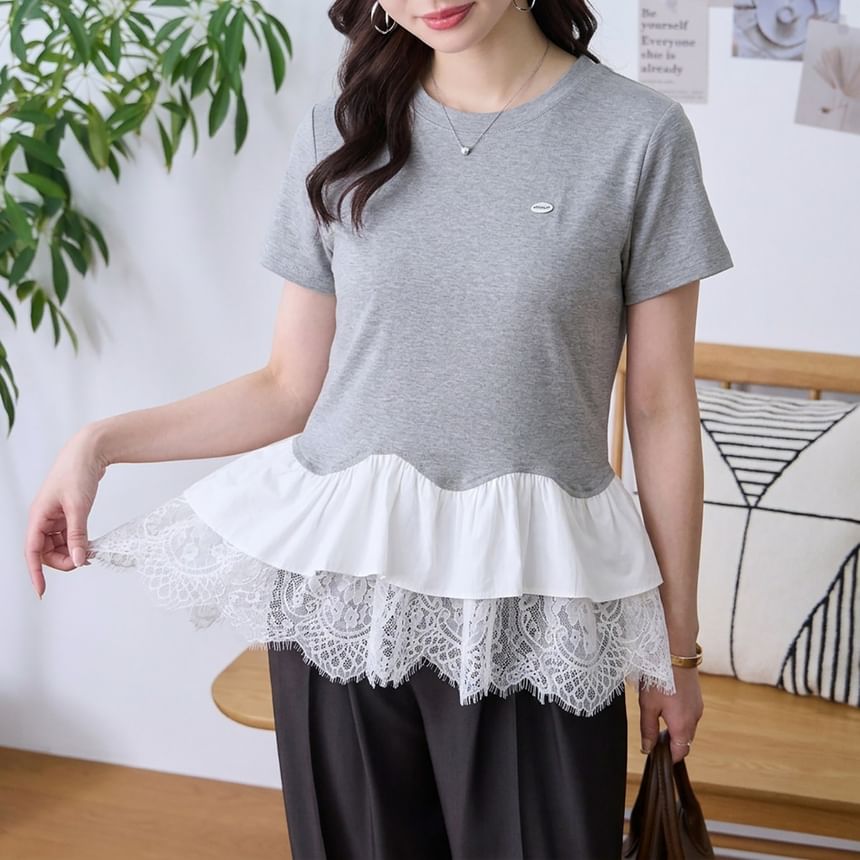 Short Sleeve Crew Neck Lace Panel Tee