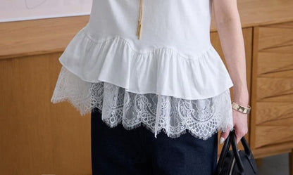 Short Sleeve Crew Neck Lace Panel Tee