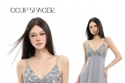 Spaghetti Strap V-Neck Sequin Mini A-Line Dress