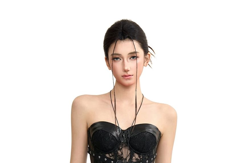 Halter Neck Faux Leather Lace Crop Top