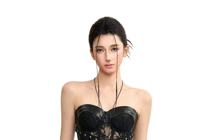 Halter Neck Faux Leather Lace Crop Top
