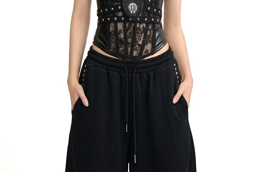 Halter Neck Faux Leather Lace Crop Top