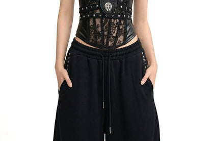 Halter Neck Faux Leather Lace Crop Top