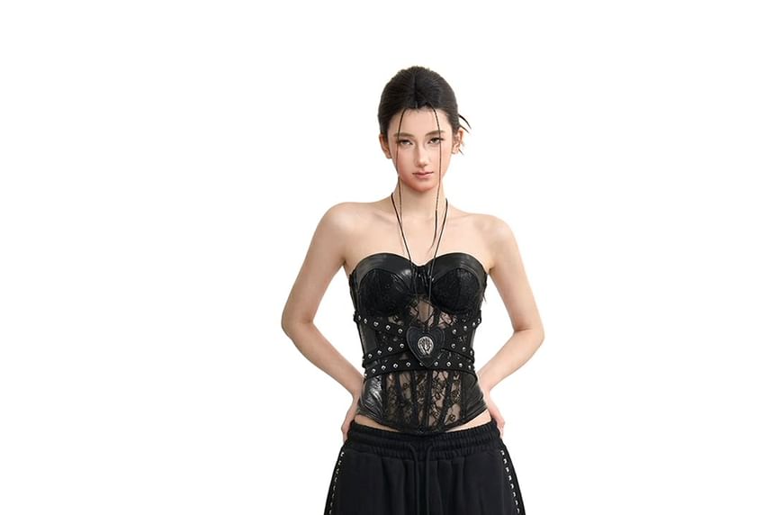Halter Neck Faux Leather Lace Crop Top