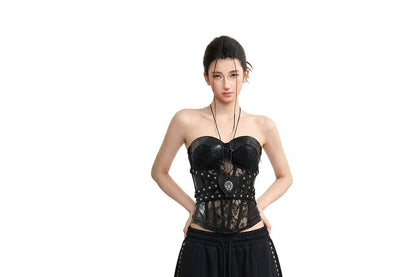 Halter Neck Faux Leather Lace Crop Top
