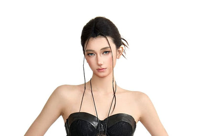 Halter Neck Faux Leather Lace Crop Top