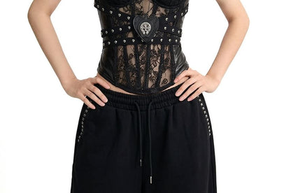 Halter Neck Faux Leather Lace Crop Top