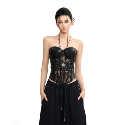 Halter Neck Faux Leather Lace Crop Top