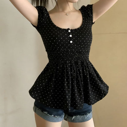 Puff Sleeve Scoop Neck Polka Dot Ruched Fitted Top