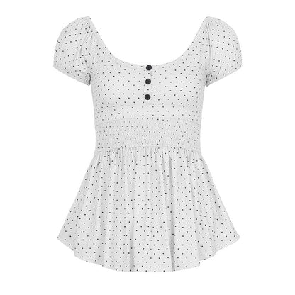 Puff Sleeve Scoop Neck Polka Dot Ruched Fitted Top