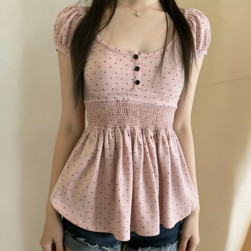 Puff Sleeve Scoop Neck Polka Dot Ruched Fitted Top