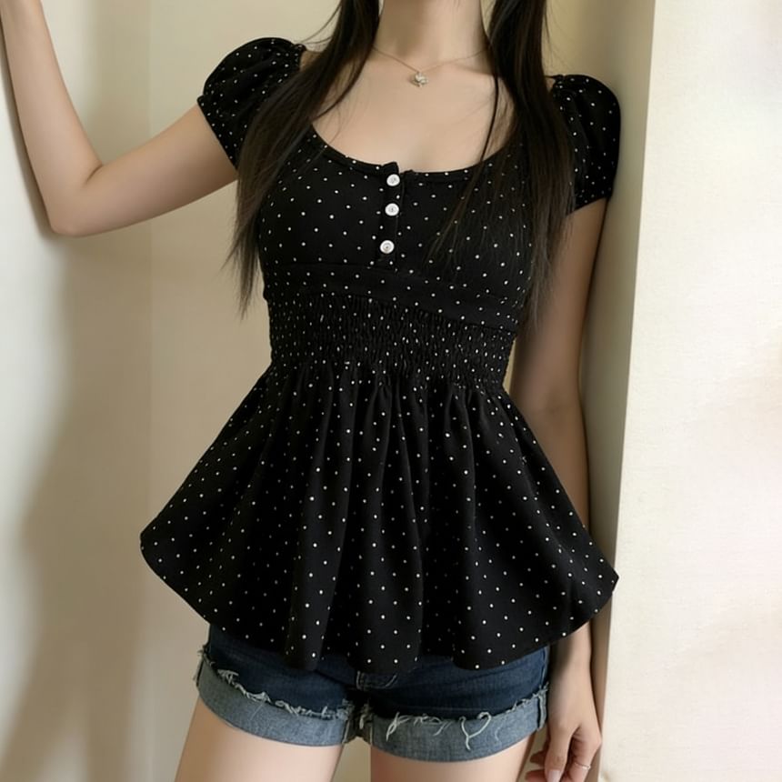 Puff Sleeve Scoop Neck Polka Dot Ruched Fitted Top