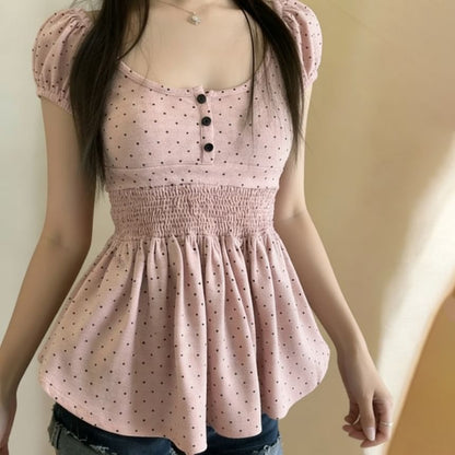 Puff Sleeve Scoop Neck Polka Dot Ruched Fitted Top