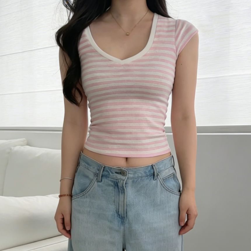 Cap Sleeve V-Neck Striped Fitted Crop Tee