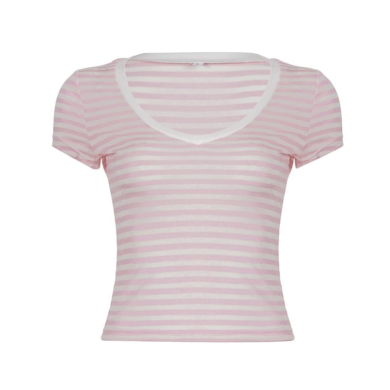 Cap Sleeve V-Neck Striped Fitted Crop Tee
