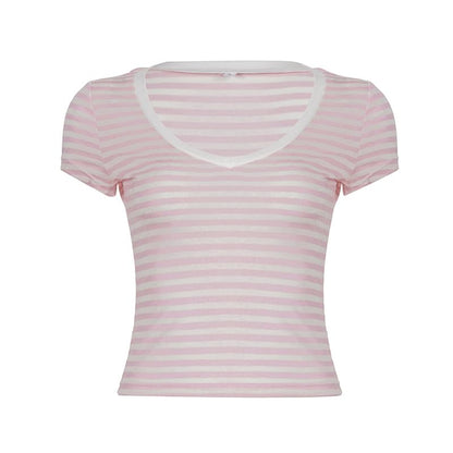 Cap Sleeve V-Neck Striped Fitted Crop Tee
