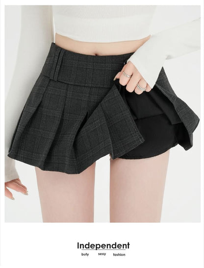 High Waist Plaid Mini Pleated Skirt