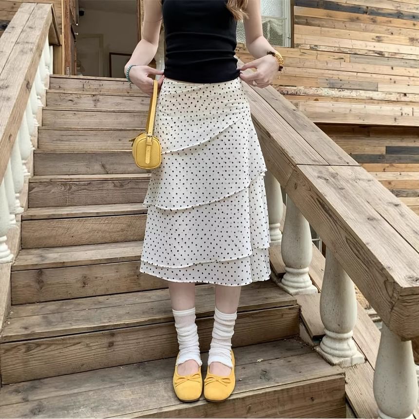 Mid Waist Dotted Midi Skirt