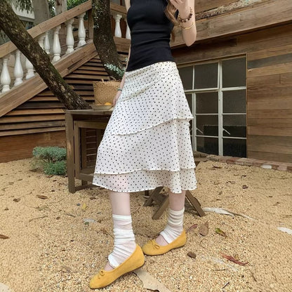 Mid Waist Dotted Midi Skirt
