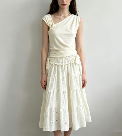 High Waist Ruffled-Trim Eyelet Midi A-Line Tiered Skirt