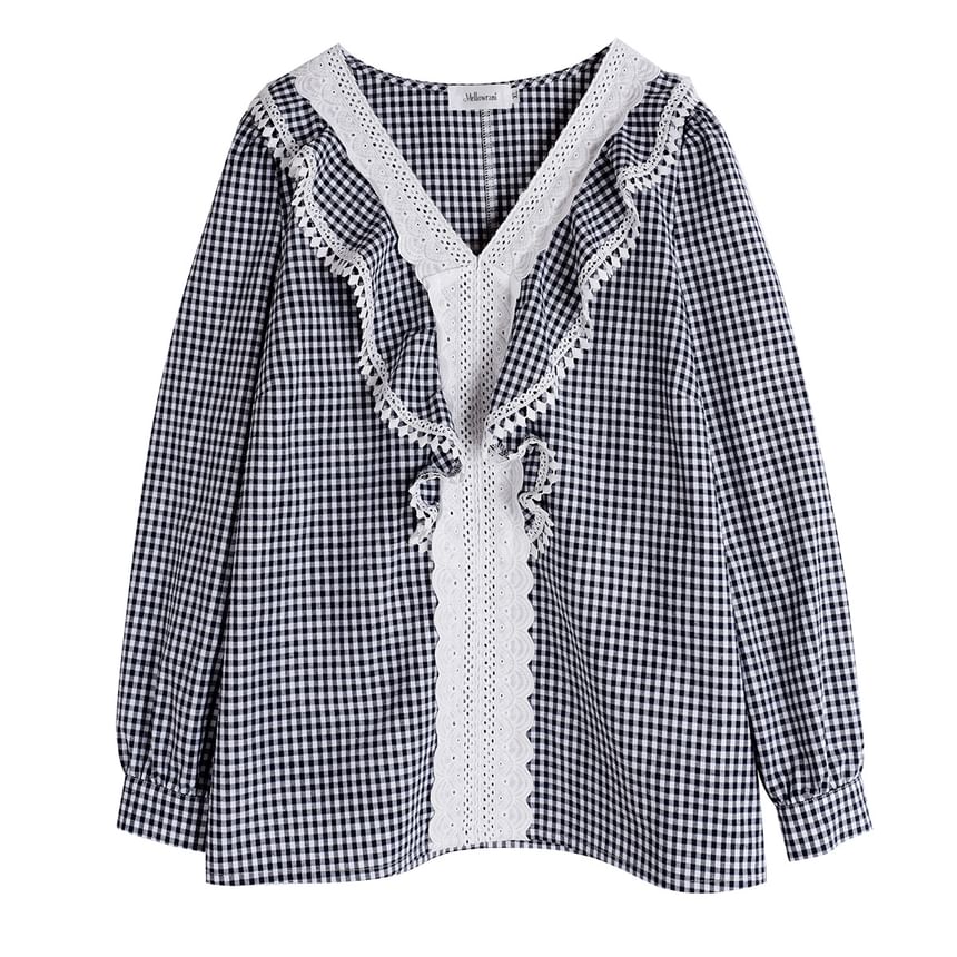 [XL-4XL] Long-Sleeve V-Neck Lace Panel Plaid Blouse