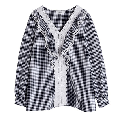 [XL-4XL] Long-Sleeve V-Neck Lace Panel Plaid Blouse