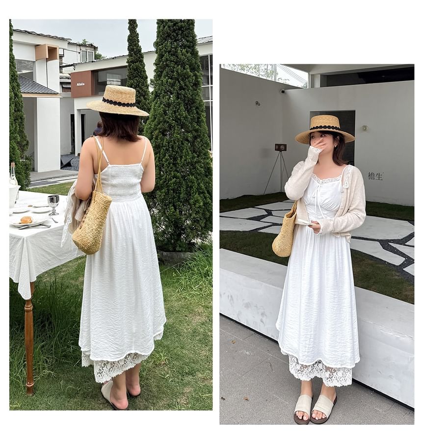 [XL-4XL] Spaghetti Strap V-Neck Lace Maxi A-Line Dress