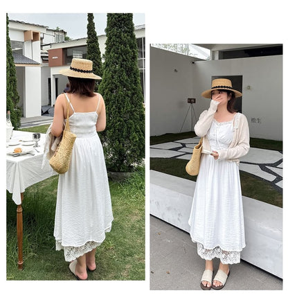 [XL-4XL] Spaghetti Strap V-Neck Lace Maxi A-Line Dress