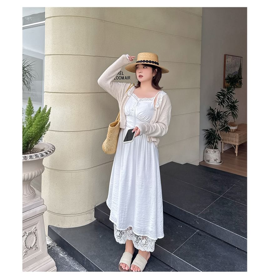 [XL-4XL] Spaghetti Strap V-Neck Lace Maxi A-Line Dress