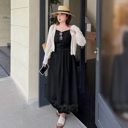 [XL-4XL] Spaghetti Strap V-Neck Lace Maxi A-Line Dress