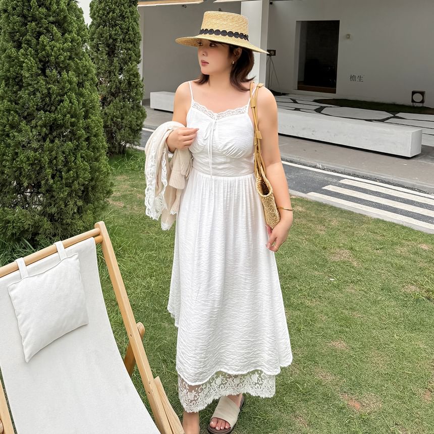 [XL-4XL] Spaghetti Strap V-Neck Lace Maxi A-Line Dress