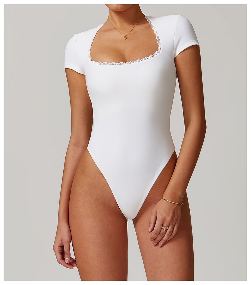 Short-Sleeve Square Neck Plain Lace Trim Bodysuit Top