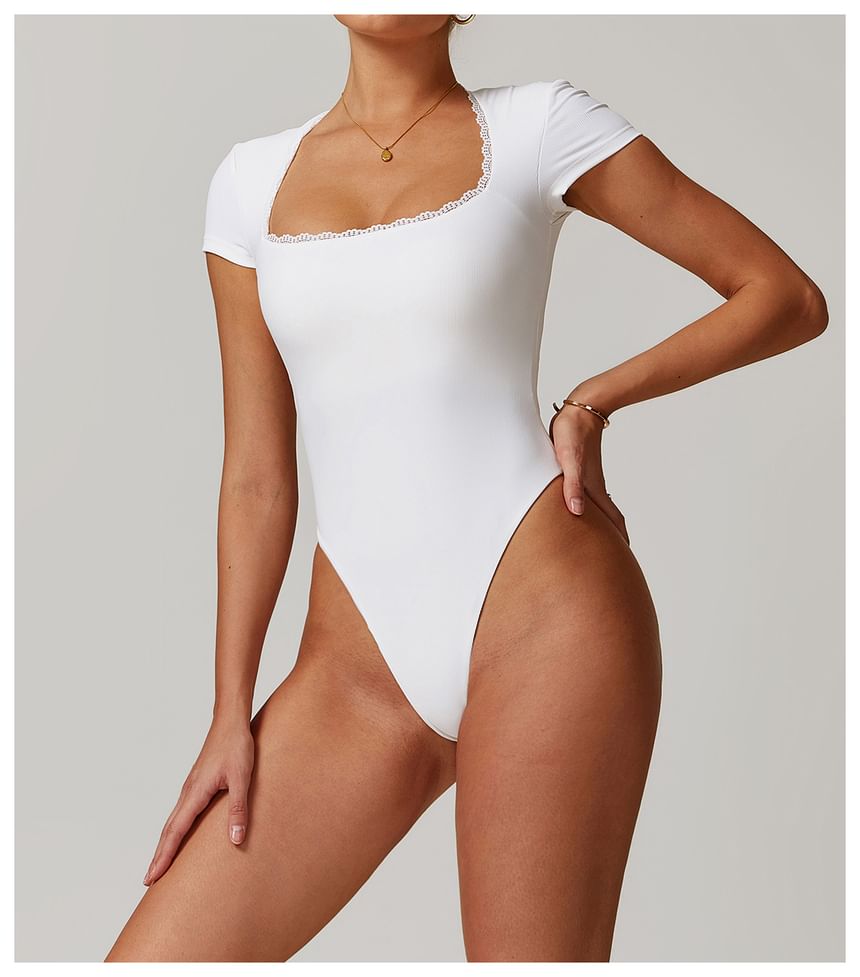 Short-Sleeve Square Neck Plain Lace Trim Bodysuit Top