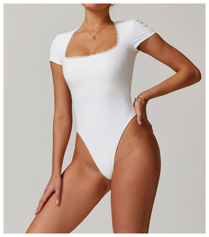 Short-Sleeve Square Neck Plain Lace Trim Bodysuit Top