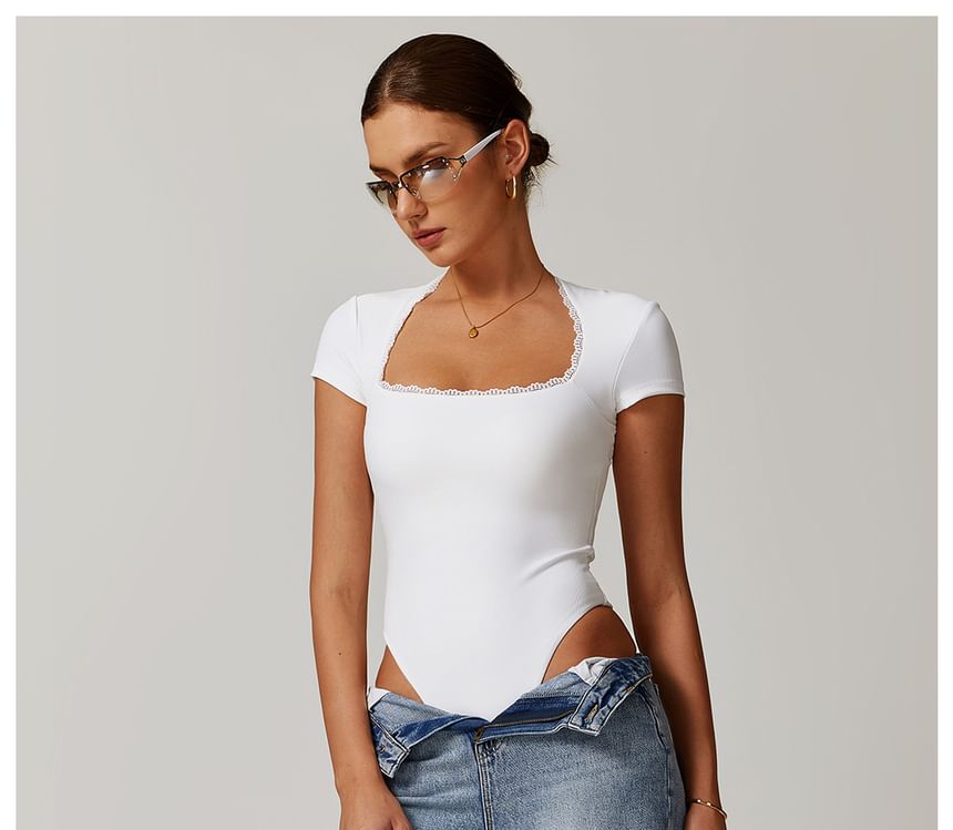 Short-Sleeve Square Neck Plain Lace Trim Bodysuit Top