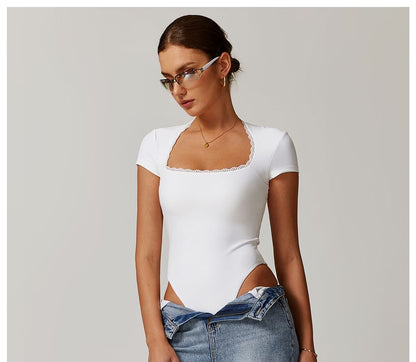 Short-Sleeve Square Neck Plain Lace Trim Bodysuit Top