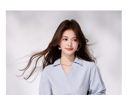Ruched V-Neck Collared Long-Sleeve Blouse