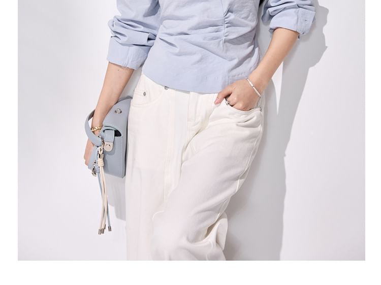 Ruched V-Neck Collared Long-Sleeve Blouse