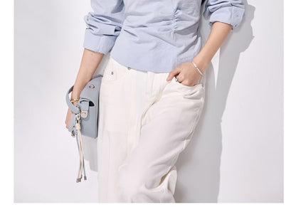 Ruched V-Neck Collared Long-Sleeve Blouse