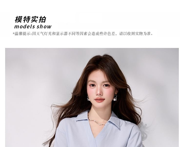 Ruched V-Neck Collared Long-Sleeve Blouse