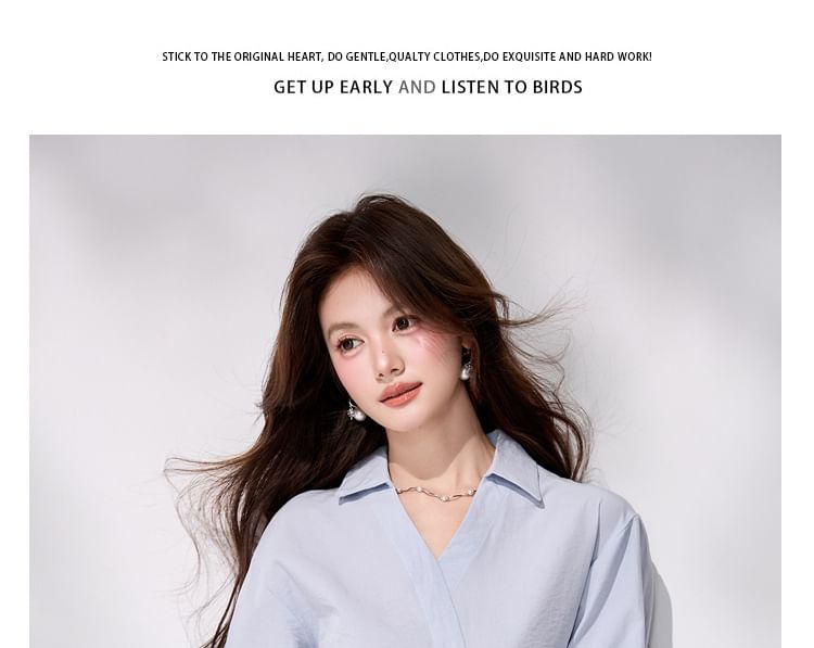 Ruched V-Neck Collared Long-Sleeve Blouse