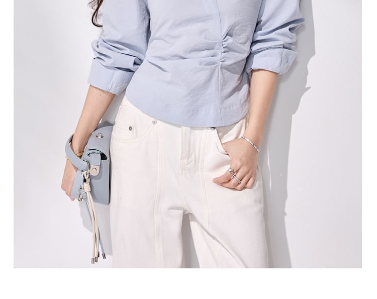 Ruched V-Neck Collared Long-Sleeve Blouse